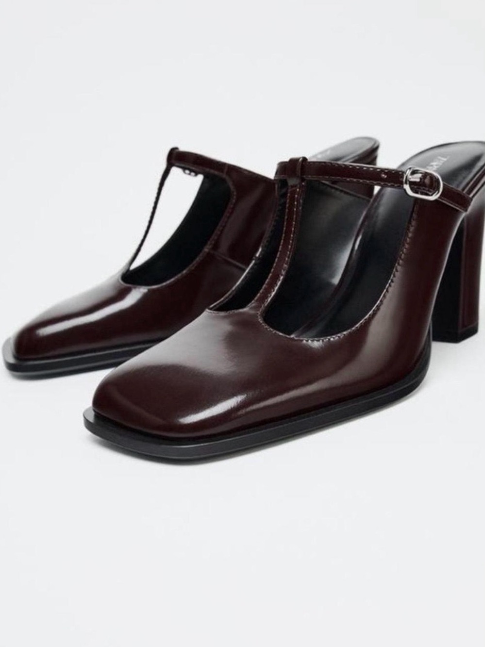 Zara Brown T-Strap Block Heel Mules 7